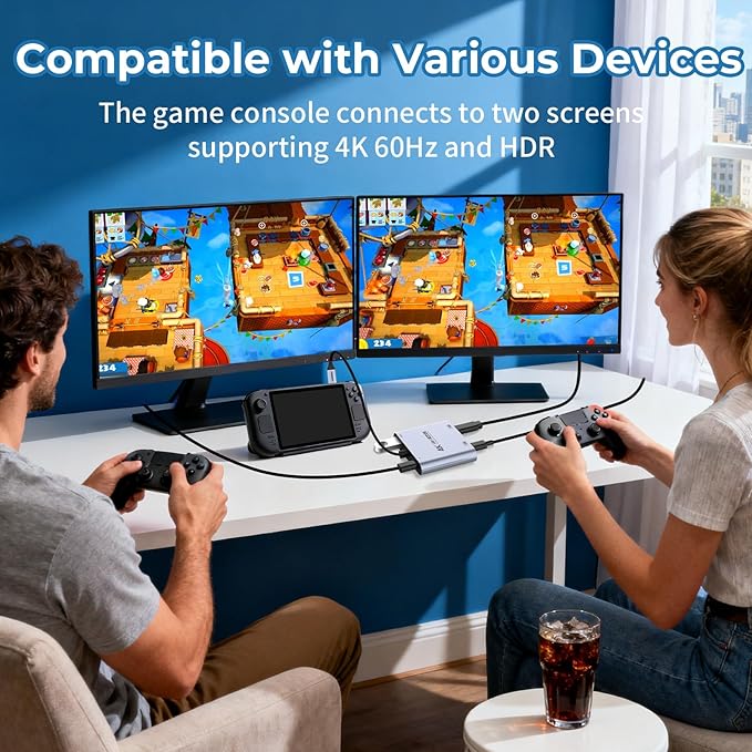 Guermok 4-in-1 Dual USB-C Display Hub 4K@60Hz Video PD 100W Fast Charging &amp USB 3.0 5Gbps Compatible with AR Glasses Switch 2 Laptops Portable Monitors &amp Type-C Displays（Silver）