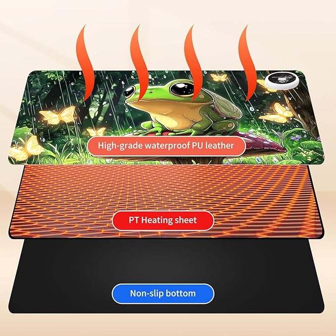 Warm Desk PadHeated Desk Pad Mouse Mat Gamingwith 3 Heating Levels &amp 3 Hours Auto Shut-OffLeather 31.5 x 13 Foot Warmer Keyboard Office MatCute Frog Mushroom