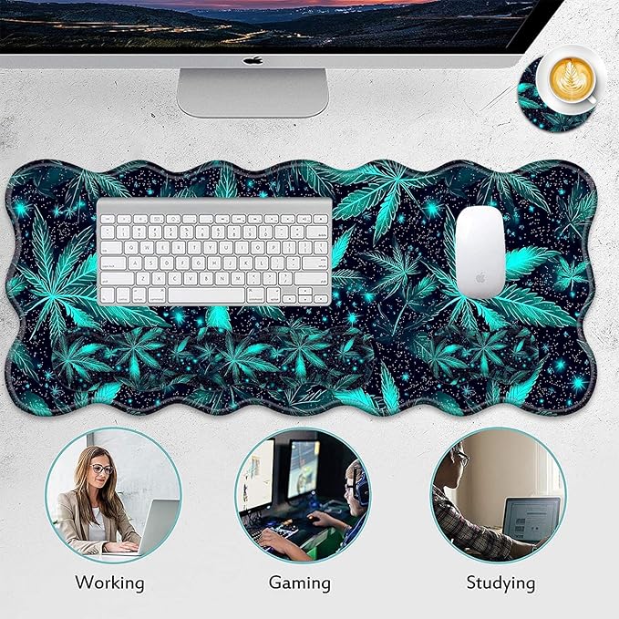 4 in 1 Desk Mat SetMouse Pad with Keyboard Wrist RestWave-Shaped DesignNon-Slip Rubber BaseWaterprooffor HomeOfficeGamingGreen Plant Leaf