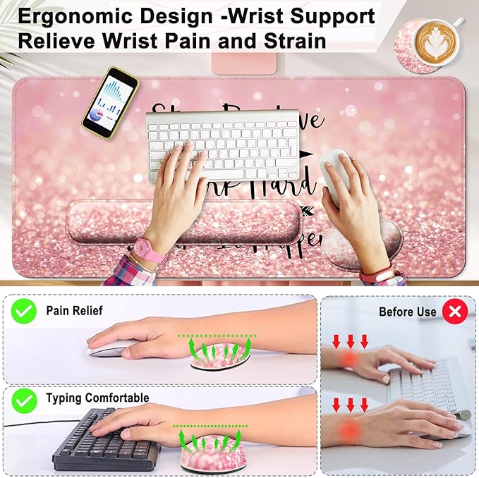 Keyboard Wrist Rest + Mouse Pad with Wrist Support + Desk Mat + Coaster 4 in 1 Set XXL Large Gaming Mousepad Cute Ergonomic Mouse Pads for Desk Computer Laptop Office Decor-Pink Words