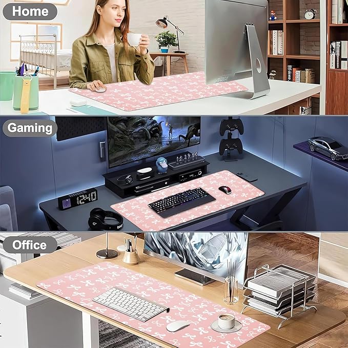 Cute Pink Bow Office Desk Mat 23.6''X11.8''Aesthetic Bowknot Desktop Mat Pu Leather Large Mouse Pad Trendy Kawaii Mousepad Non-Slip Table Mat for Girls Women Home Work Computer Game