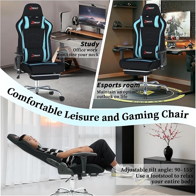 Fabric Gaming Chair Skin-Friendly and Breathable Manufactured by A Reputable Manufacturer Safe and Stable Specially Designed for Gaming.with Footrest Mg(1005-LightBlue)