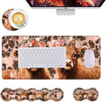Mouse PadLarge Desk Mat Set 4in1 XL Mousepad + Keyboard Wrist Rest+Mouse Wrist Rest+Coaster with Ergonomic Desk Pad for Home Office Table Computer Cover -Highland Cow with Flower Crowns