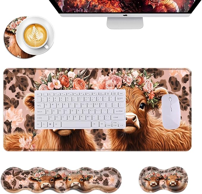 Mouse PadLarge Desk Mat Set 4in1 XL Mousepad + Keyboard Wrist Rest+Mouse Wrist Rest+Coaster with Ergonomic Desk Pad for Home Office Table Computer Cover -Highland Cow with Flower Crowns