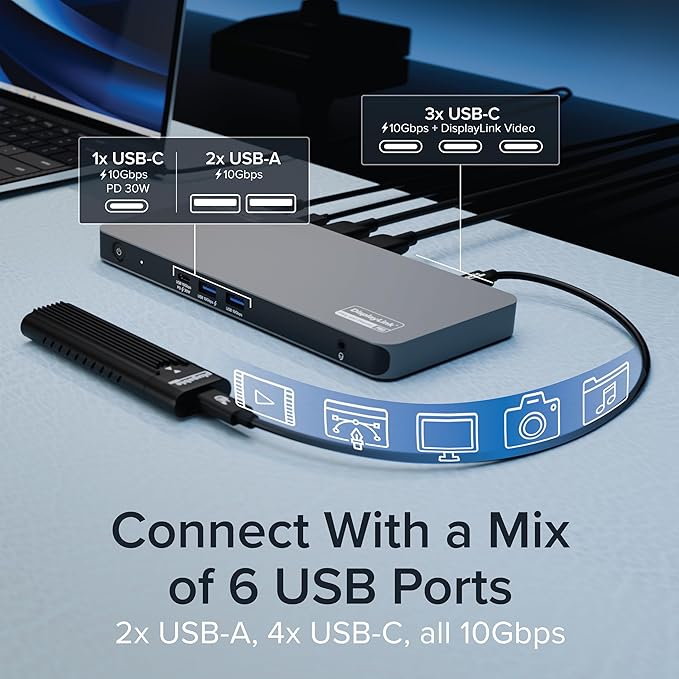 Plugable USB C Docking Station 5 Monitors 140W DisplayLink Dock Connects up to Five 4K Displays for MacBook Windows Thunderbolt 4 Laptops 2x HDMI 3x USBC 2.5Gbps Ethernet Driver Required UD-7400PD