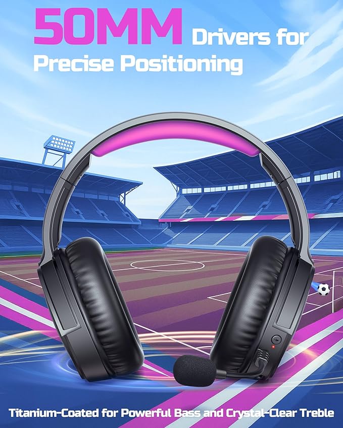 BINNUNE Wireless Gaming Headset — 2.4GHz Low-Latency USB Dongle + Bluetooth 50mm Drivers 7.1 Surround Noise-Cancelling Mic 40H Battery — Over Ear Wireless Headphones for PS5 PC Laptop Purple