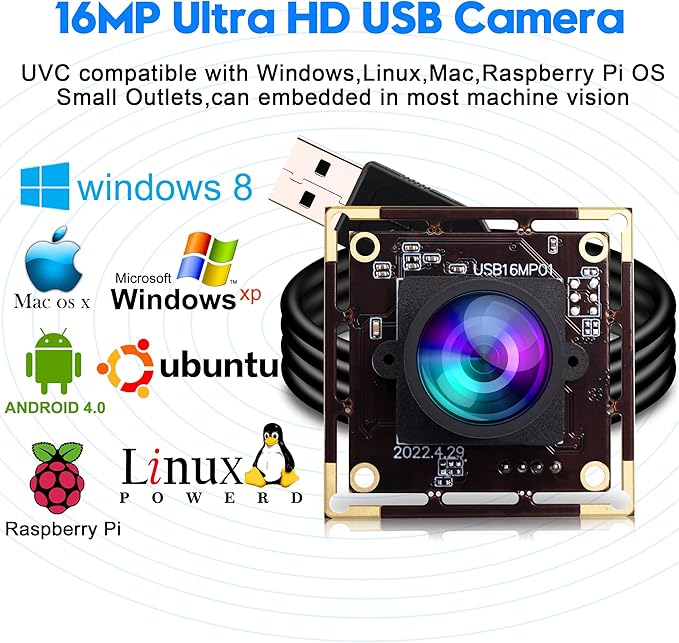 ELP 16MP Wide Angle USB Camera Module for Raspberry Pi and Computer 4K Mini UVC USB2.0 Video Webcam Board with 118degree No Distortion Lens IMX298 Industrial PC Lightburn Camera for LaptopJetson Nano