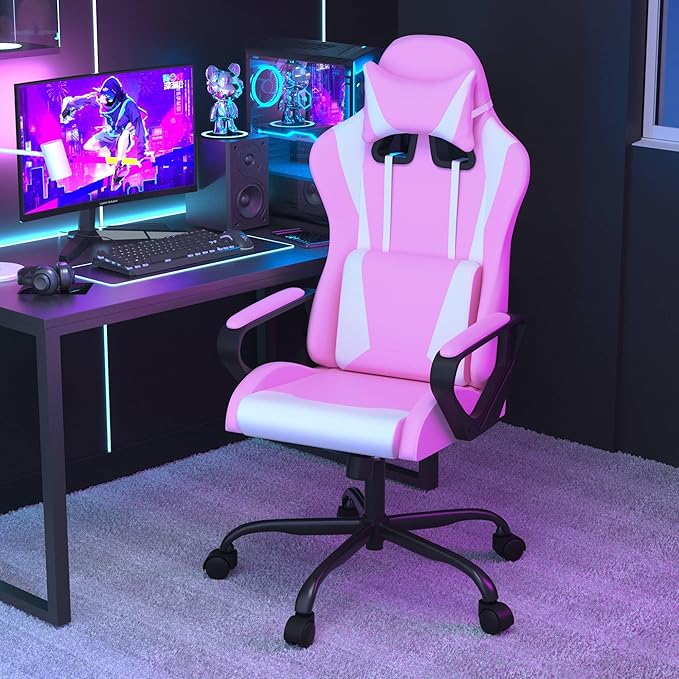 Gaming ChairSwivel Rolling Gaming Chair for AdultsErgonomic PC Gaming Chair PinkHeight Adjustable Computer ChairPU Leather Computer Chair with Headrest and Lumbar Support