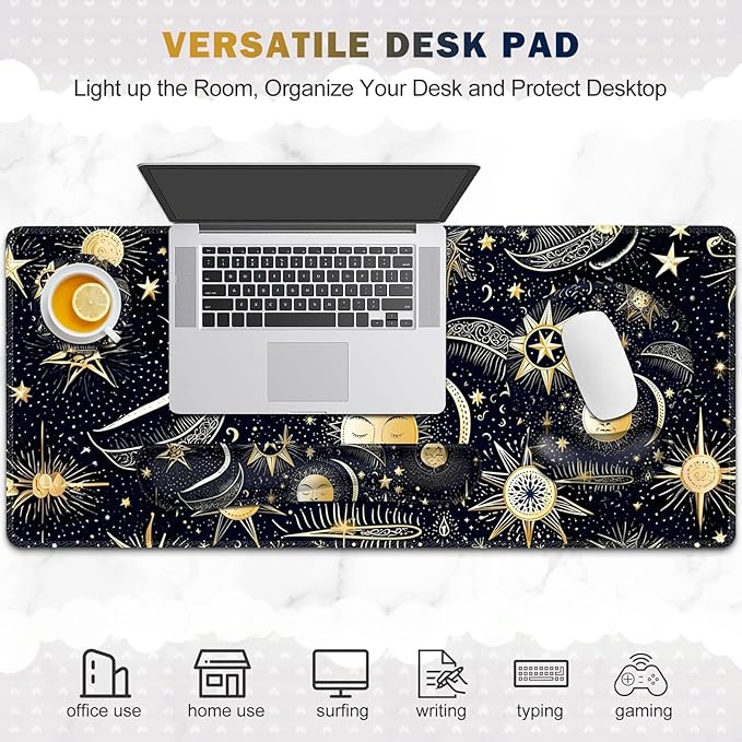 Gaming Mouse Pad Large Desk Mat Cute Desk Pad Protector 4in1 XXL Mousepad + Keyboard Wrist Rest+Mouse Wrist Rest+Coaster Set with Ergonomic Desk Pad for Home Office PC Computer Stars and Moon