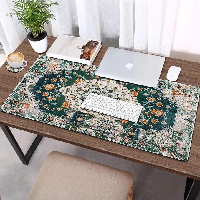 AIMSA Desk Mat Set Large Mouse Pad + Mouse Wrist Rest + Keyboard Wrist Support + Coaster 4in1 Rug Gaming Mouse Pad Combo for Home Office Retro Boho Art