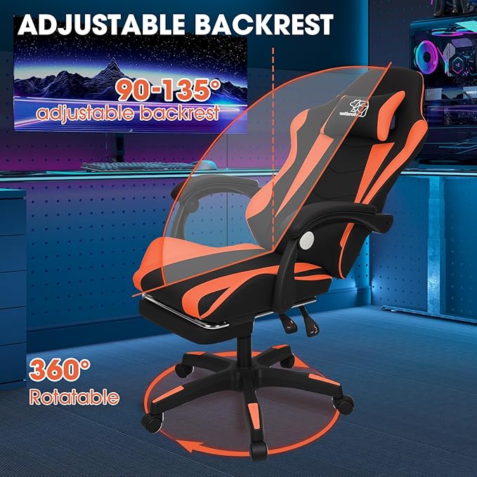 Gaming Chair Office Chair Reclining High-Back PU Leather Computer Desk Chair with Headrest and Lumbar Support suitable for gaming chairs office storage office shelving and more（Orange）