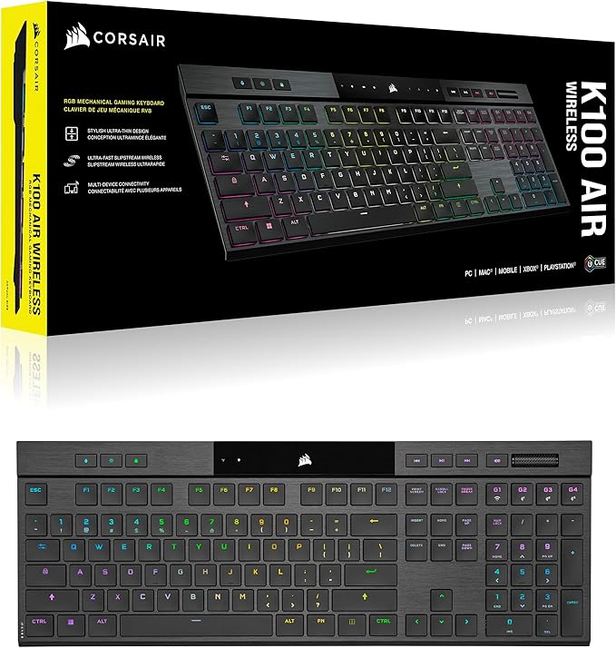 Corsair K100 AIR Wireless RGB Mechanical Gaming Keyboard - Ultra-Thin Sub-1ms Slipstream Low-Latency Bluetooth Cherry MX Ultra Low Profile Keyswitches - NA Layout QWERTY - Black