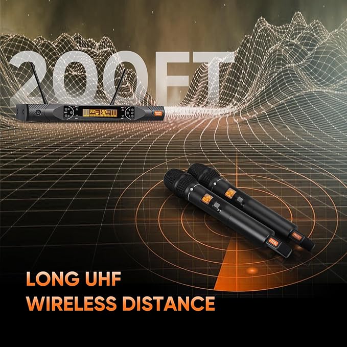 Wireless Microphone System Metal Dual UHF Cordless Handheld Dynamic Karaoke Mic Set Auto Scan Long Range 200ft for Home Karaoke Singing DJ Party Church Wedding Speech (UM203)