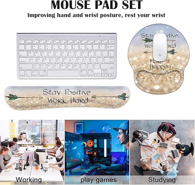Keyboard Wrist Rest and Mouse Pad Wrist Support Set with CoastersStay Positive Work Hard and Make It Happen Inspirational Quote Wrist Mouse Pad with Non-Slip PU Base for Computer Laptop Home Office