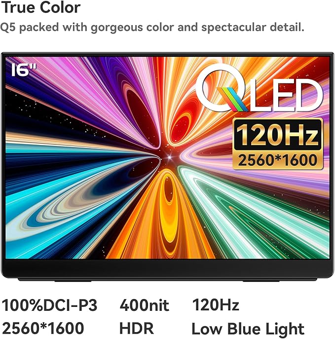 EHOMEWEI Q5 120Hz Portable Gaming Monitor 16 QLED 2.5K 2560 * 1600 400 Nits HDR 100% DCI-P3 1500:1 sRGB FreeSync 16:10 Widescreen Eye Care for Laptop/PC/Mac Os/Phone/Game Console
