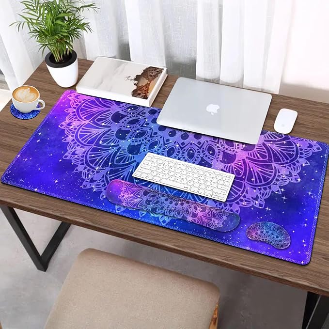 AIMSA Keyboard Mouse Pad Set Large Gaming Mouse Pad +Wrist Rest Mouse Pad +Keyboard Wrist Support +Coaster 35x15.7 inch Extended Desk Mat for Easy Typing Pain Relief (Blue Purple Mandala)