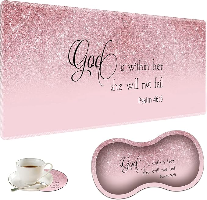 Large Gaming Mouse Pad + Mouse Wrist Rest Pad + Coaster Combination 31.5 x 11.8 Durable Non-Slip Extension Table Mat Suitable for Office and Home Bible Psalm 46-5