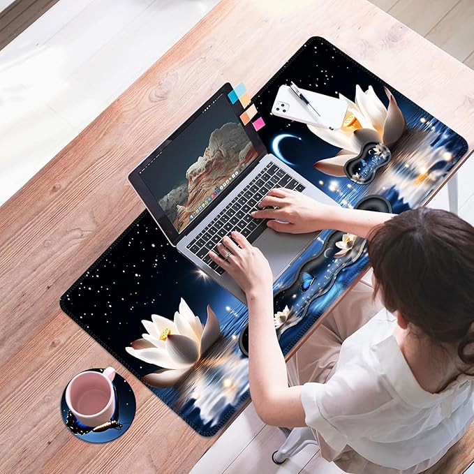 Mouse PadLarge Desk Mat Set 4in1 XL Mousepad + Keyboard Wrist Rest+Mouse Wrist Rest+Coaster with Ergonomic Desk Pad for Home Office Table Computer Cover -Butterfly and Lotus at Night