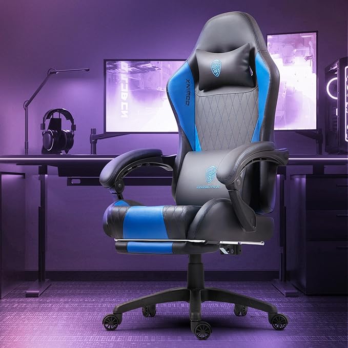 Dowinx Gaming Chair with Massage Lumbar Support and Footrest Gaming Chairs for Adults Ergonomic Computer Chair High Back with Pocket Spring Cushion Swivel Recliner with Headrest Blue