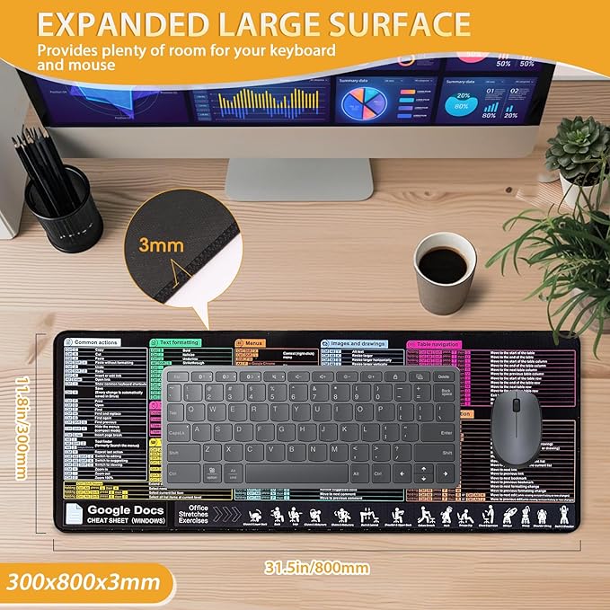 Google Docs Cheat Sheet Mouse Pad Large Mousepad for Google Docs Shortcuts Extended Gaming Pad for Mouse and Keyboard High Definition Printing StitchingWaterproof Anti Slip(Windows)