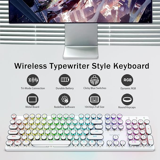 Redragon K710 Wireless Typewriter Mechanical Gaming Keyboard Bluetooth/2.4Ghz/Wired RGB LED Backlit Blue Switch - Clicky Rechargeable Solid Metal Panel Round Keycaps White