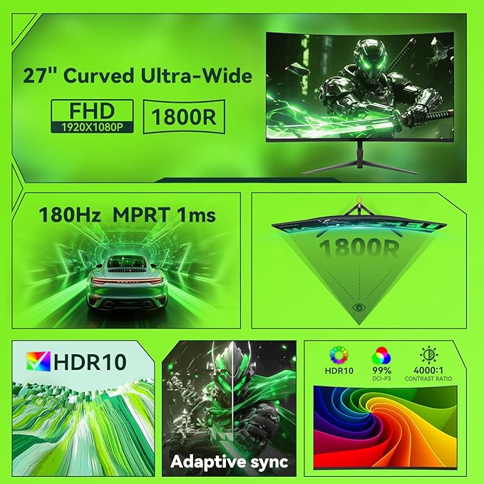 27 inch Curved Gaming Monitor 180Hz Full HD 1080P 1800R Computer Monitor Display with FreeSync &amp Eye-Care 4000:1 Contrast RatioSupport VESA DP HDMI Port for Gaming Home Office
