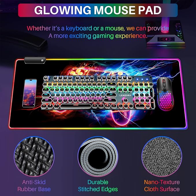 XL Led Gaming Mouse Pad with 14 Light Modes - Light Up Gamer Mouse Pad31.5 x 11.8in Non-Slip Gamepad Style RGB Large Gamer MousepadBlack Long Glowing Gaming Accessories for DeskWaterproof