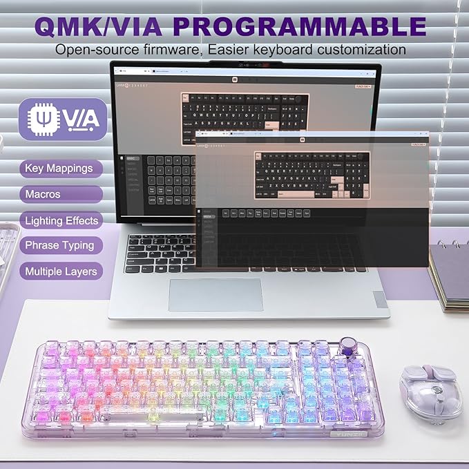 YUNZII X98 QMK/VIA Wireless Mechanical Gaming Keyboard with KnobTri-Mode BT5.0/USB-C/2.4GHz Hot Swappable KeyboardPre-lubed Switches Gasket Mount RGB Backlit for Wins/Mac (Purple Crystal Switch)
