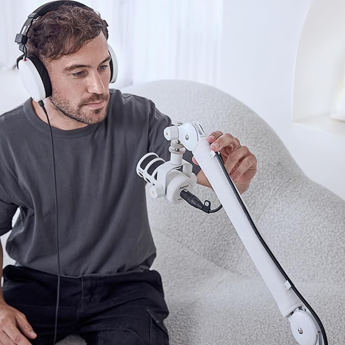 Rode PodMic Dynamic Broadcast Microphone with White PSA1+ Microphone Boom Arm White WS14 Pop Filter and Premium XLR Cable