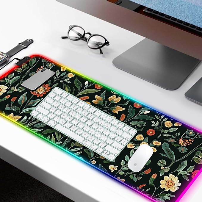 RGB Floral Gaming Desk Mat Computer Keyboard Large Extended Long Flower Plants LED Mouse Pad for Office and Home XL (W19)