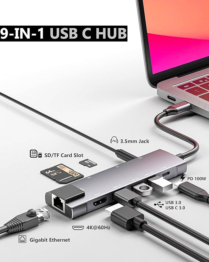 USB C Hub 9 in 1 Multiport Adapter w/Gigabit Ethernet100W PD4K@60Hz2 USB 3.0USB C 3.0 DataSD/TF Card Reader3.5mm JackDongle Docking Station for MacBook iPad Pro iPhone 15 Steam Deck/Rog Ally