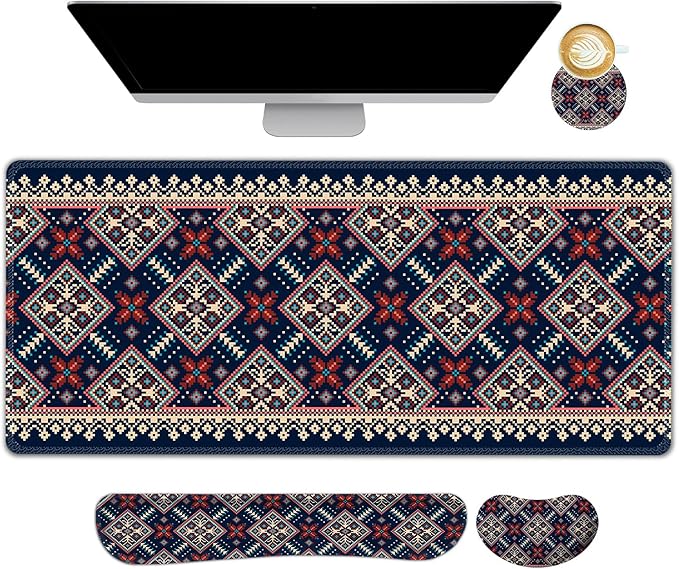 AIMSA Desk Mat Set Bohemian Large Mouse Pad + Mouse Wrist Rest + Keyboard Wrist Support + Coaster Navy Blue Gaming Mouse Pad Combo for Home Office