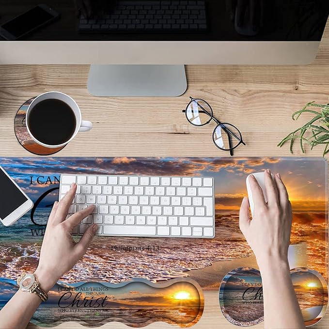 Gaming Mouse Pad Set Large Gaming Mouse Pad+Keyboard Wrist Rest+Mouse Wrist Rest+Coaster Easy Typing Pain Relief 31.5 × 11.8 inch Desk Mat for Home Office Beach Quoting Philippians 4-13
