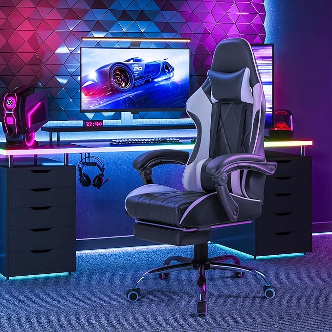 Homall Gaming Chair Computer Chair with Footrest and Massage Lumbar Support Ergonomic High Back Video Game Chair with Swivel Seat and Headrest (White)