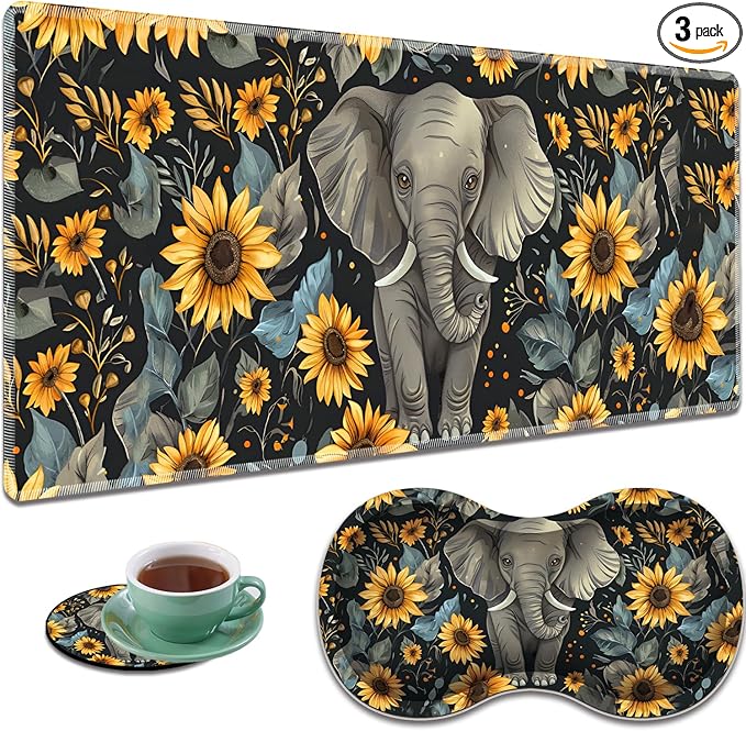 Large Gaming Mouse Pad + Mouse Wrist Rest Pad + Coaster Combination 31.5 x 11.8 Durable Non-Slip Extension Table Mat Suitable for Office and Home Baby Elephant and Sunflower