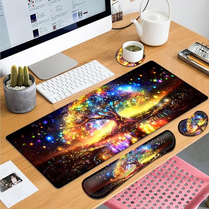 Large Gaming Mouse Pad+ Keyboard Wrist Rest Set Ergonomics Memory Foam Mouse Mat Wrist Rest Support for Home Office Waterproof Extended Mousepad 31.5x11.8in Colorful Tree of Life Desk Pad