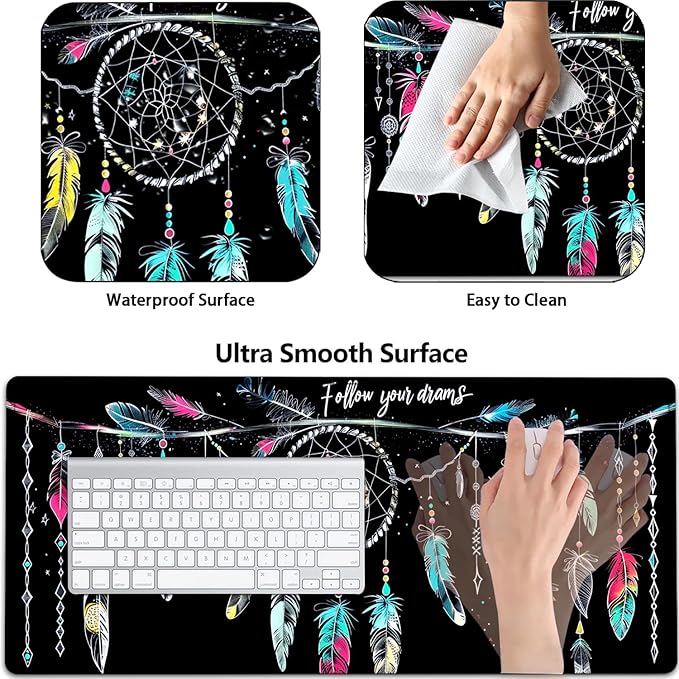 Large Gaming Mouse Pad+ Keyboard Wrist Rest Set Ergonomics Memory Foam Mouse Mat Wrist Rest Support for Home Office Waterproof Extended Mousepad 31.5x11.8in Dream Catcher Black Desk Pad