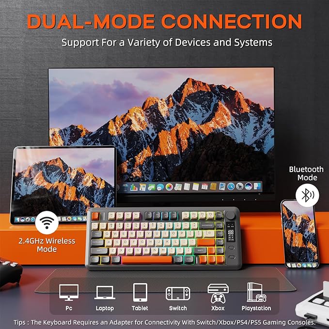 M75 Wireless Gaming Keyboard Mechanical Feel Membrane with Knob &amp OLED Display Bluetooth/2.4Ghz Rainbow Backlit Gradient PBT Keycaps 2000mAH Battery Anti-Ghosting-Dark Grey