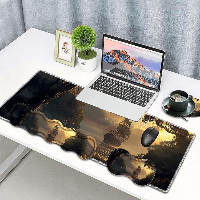 Large Gaming Mouse Pad Keyboard Wrist Rest Pad + Mouse Wrist Pad + Coaster 4 in 1 Set Extended Waterproof Non-Slip Desk Mat Suitable for Office Home Learning Games Pirate Ship
