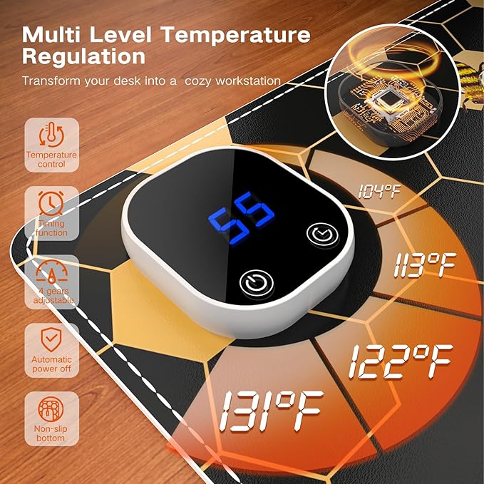 iCasso Heated Desk Pad XXL Heated Mouse Pad Hand Warmer 35.4 x 15.7 Warm Desk Protector Mat with 4 Heating Levels for Computer Keyboard Large Mousepad for Home Office Work (Honeycomb)