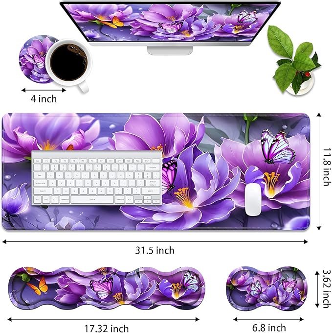 4 in 1 Ergonomic Memory Foam Mouse Pad Wrist Rest Set Large XXL Gaming Desk Pad + Keyboard Wrist Rest + Mouse Wrist Cushion + Coaster for Home Office Study Gaming Purple Flowers and Butterfly