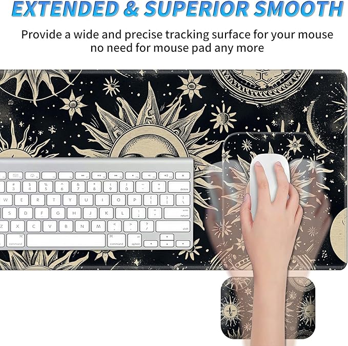Wrist Rest Pad Small Mouse Pad and Office Desk Mat Set 3 in 1 Desk Pad 11.8 x 23.6+Mousepad +Mouse Wrist Rest with Ergonomic Design Non-Slip for Home Gaming Computer Sun Moon