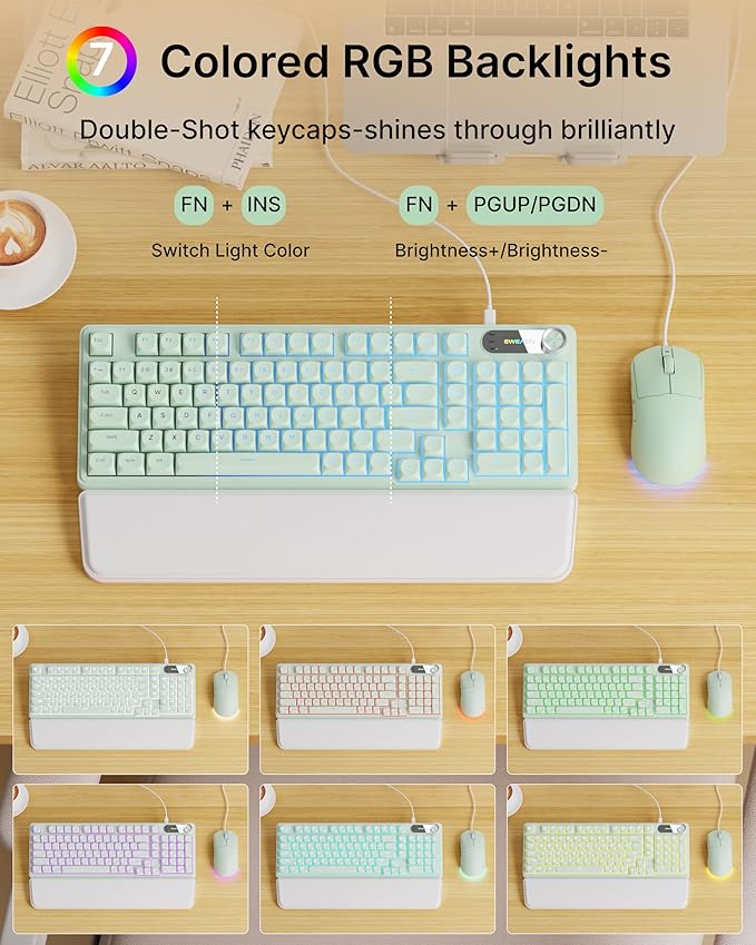 C98 Wired Keyboard and Mouse Combo Wired Computer Keyboards with Wrist Palm Double-Shot Keycaps Silent RGB Backlight Keyboard for Windows/MAC/PC (Green)