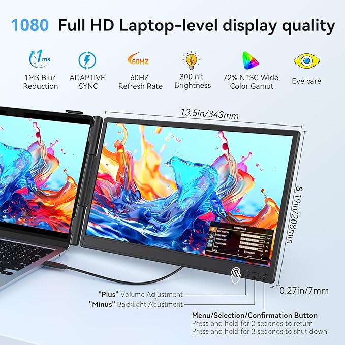14 Dual Laptop Screen Extender - Ultra Thin Portable Monitor | FHD 1080P USB-C/HDMI Plug &amp Play | Lightweight Travel Display for Mac/Windows (13-17.3 Laptop) | Multi-Tasking Boost for Work &amp
