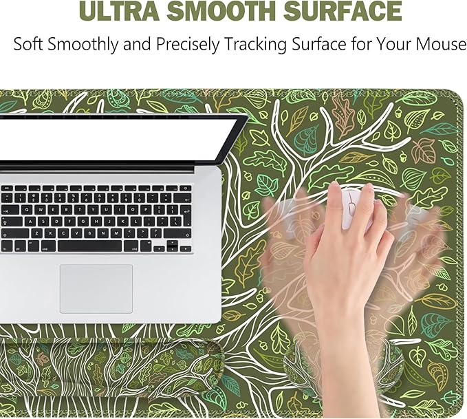 ToLuLu Desk Mat Gaming Mouse Pad Wrist Support 4 in1 Set XXL Large Mouse Pad + Keyboard Wrist Rest + Memory Foam Cushion Mouse Wrist Rest for Pain Relieve + Coaster Table Computer PC Green Leaves