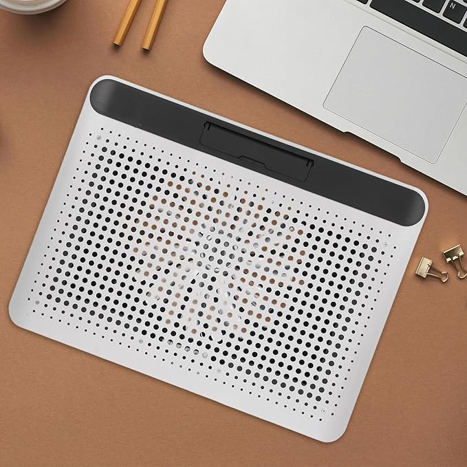 Aluminum Alloy Laptop Cooling Pad with Dual USB Ports Quiet Thin Notebook Cooler Stand for Laptops Up to Ergonomic Angles Skid-Resistant Computer Fan Support Frame in Silver