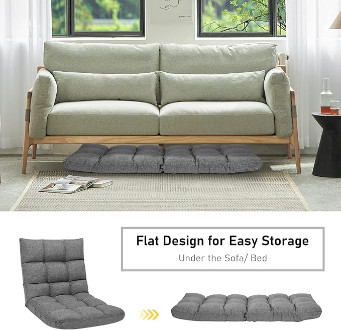 MAT EXPERT 14-Position Floor Chair Floor Gaming Chair w/Resilience Sponge Alloy Steel Frame Padded Bed Couch Recliner Floor Chair with Back Support for Reading Meditating (Gray)