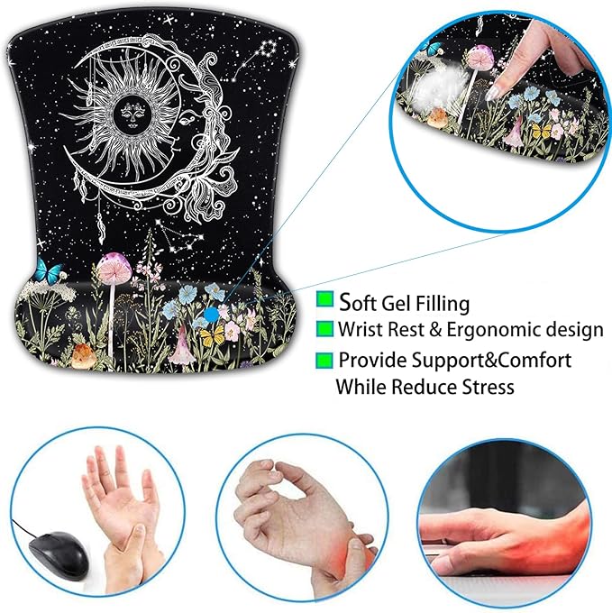 Keyboard Wrist Rest and Mouse Pad with Wrist Support Ergonomic Gel Mouse Pad for Easy Typing Pain Relief Memory Foam Keyboard Wrist RestSun Moon Wildflowers Butterfly Starry Sky Black Mousepads