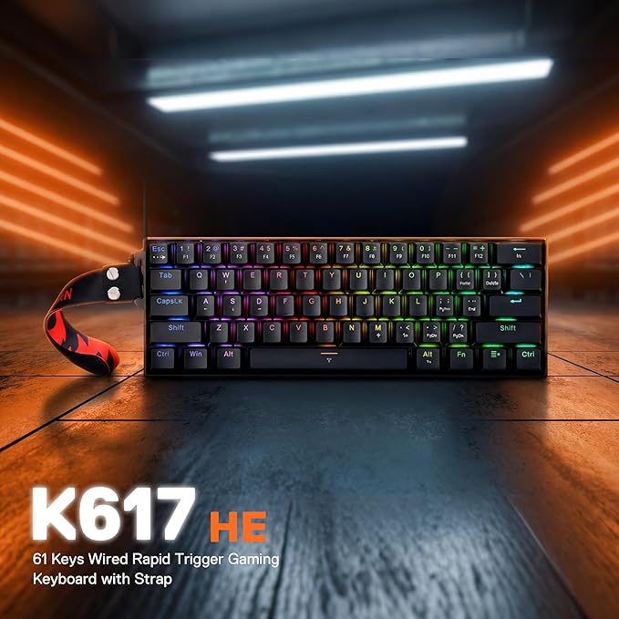 Redragon K617 HE Rapid Trigger Gaming Keyboard 60% 61 Keys Wired Mechanical Keyboard w/Hyper-Fast Actuation Dedicated Hall Effect Magnetic Switch Actuation Point Adjustable Strap Version