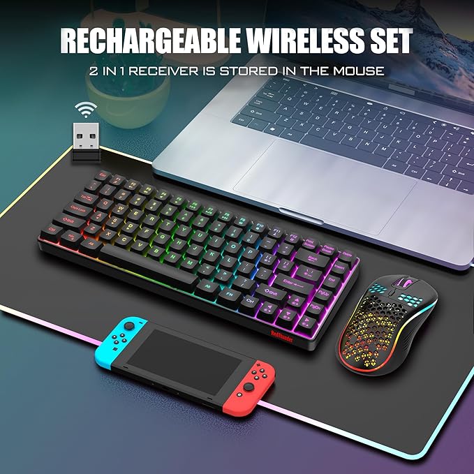 RedThunder K84 Wireless Keyboard and Mouse Combo Rainbow Backlit Rechargeable Battery 75% Layout TKL Ultra Compact Gaming Keyboard &amp Lightweight 3200 DPI Honeycomb Optical Mouse (Black)